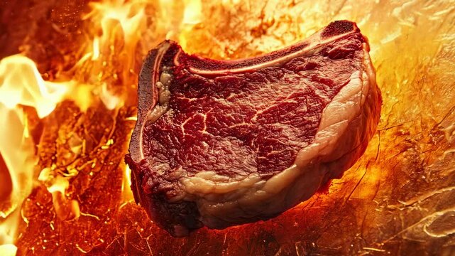 A close-up of a raw tomahawk steak floating against an abstract background with fire flames.