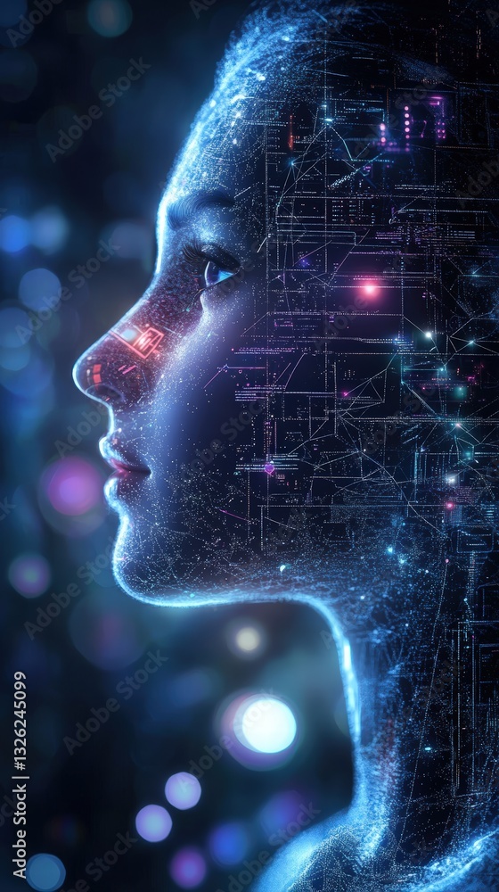 Aufkleber woman's face with intricate circuit board pattern in the background symbolizing modern technology