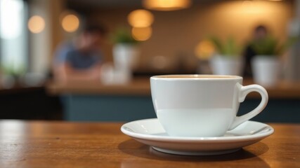 Obraz premium white coffee mug with saucer on table in coffee shop