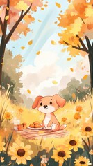 A cute dog enjoys a picnic in a field during autumn season