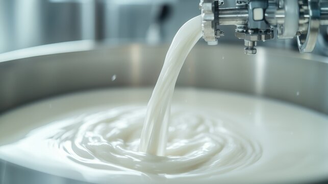 Close-Up of Liquid Milk Flowing from Valve into Filling Tank in Industrial Setting
