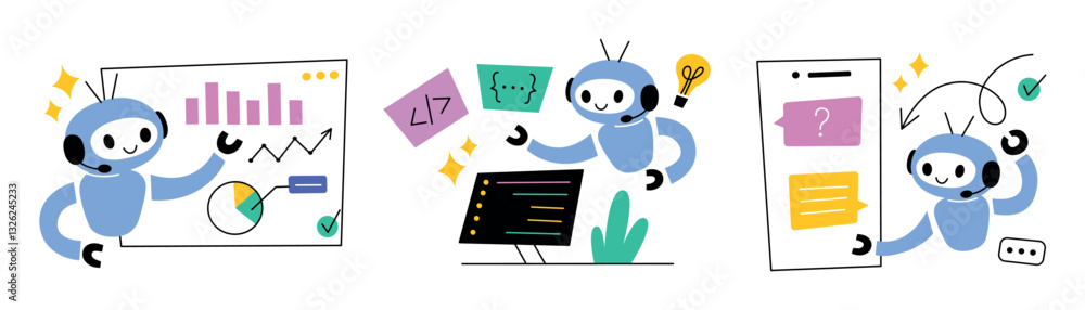 Poster collection of cute ai robot assistant scenes. flat cartoon illustrations of artificial intelligence 