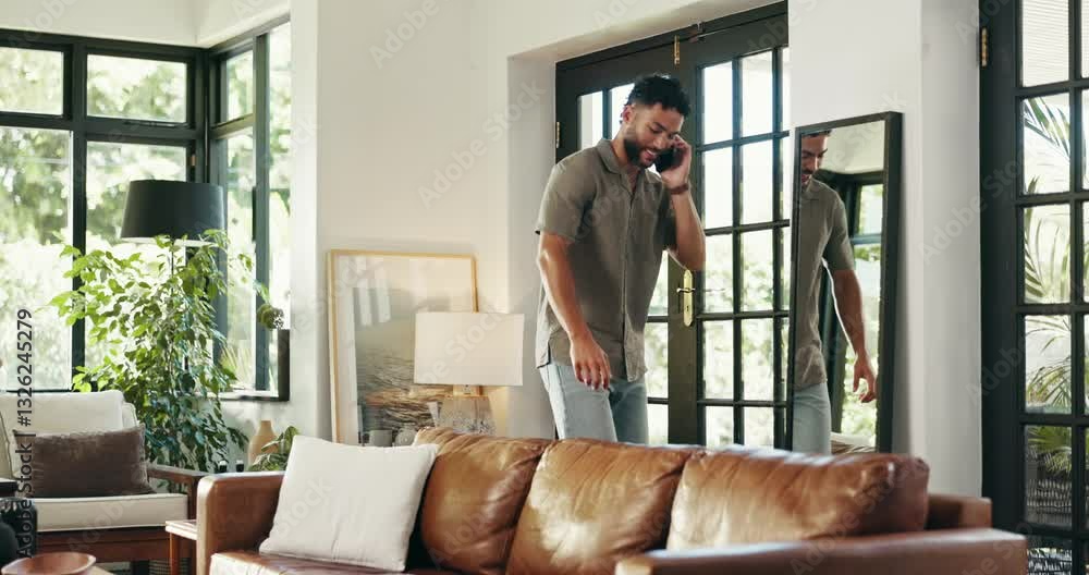 Poster Man, phone call and home for business discussion, remote work and explain proposal in conversation. Living room, entrepreneur and chat to investor for funding, online and app for shares negotiation