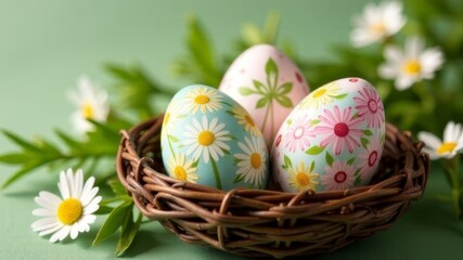 Fototapeta premium Easter eggs in a basket with flowers