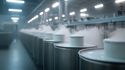 Close-Up of Milk Cooling in Industrial Tunnel with Condensation and Vapor Effects