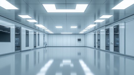 Obraz premium Bright and spacious cleanroom designed for silicon wafer deposition and processing. Automated systems ensure precision and efficiency in a controlled environment