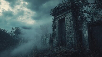 Fototapeta premium Spooky ancient stone structure in a misty forest at night
