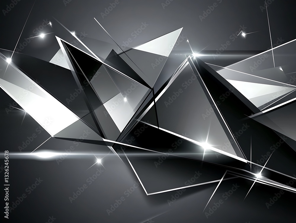 Poster abstract geometric design with dynamic reflective triangles and light streaks