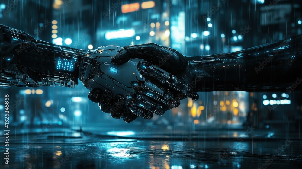 Poster futuristic robot engaging with a man in a dynamic interaction representing innovation and technology