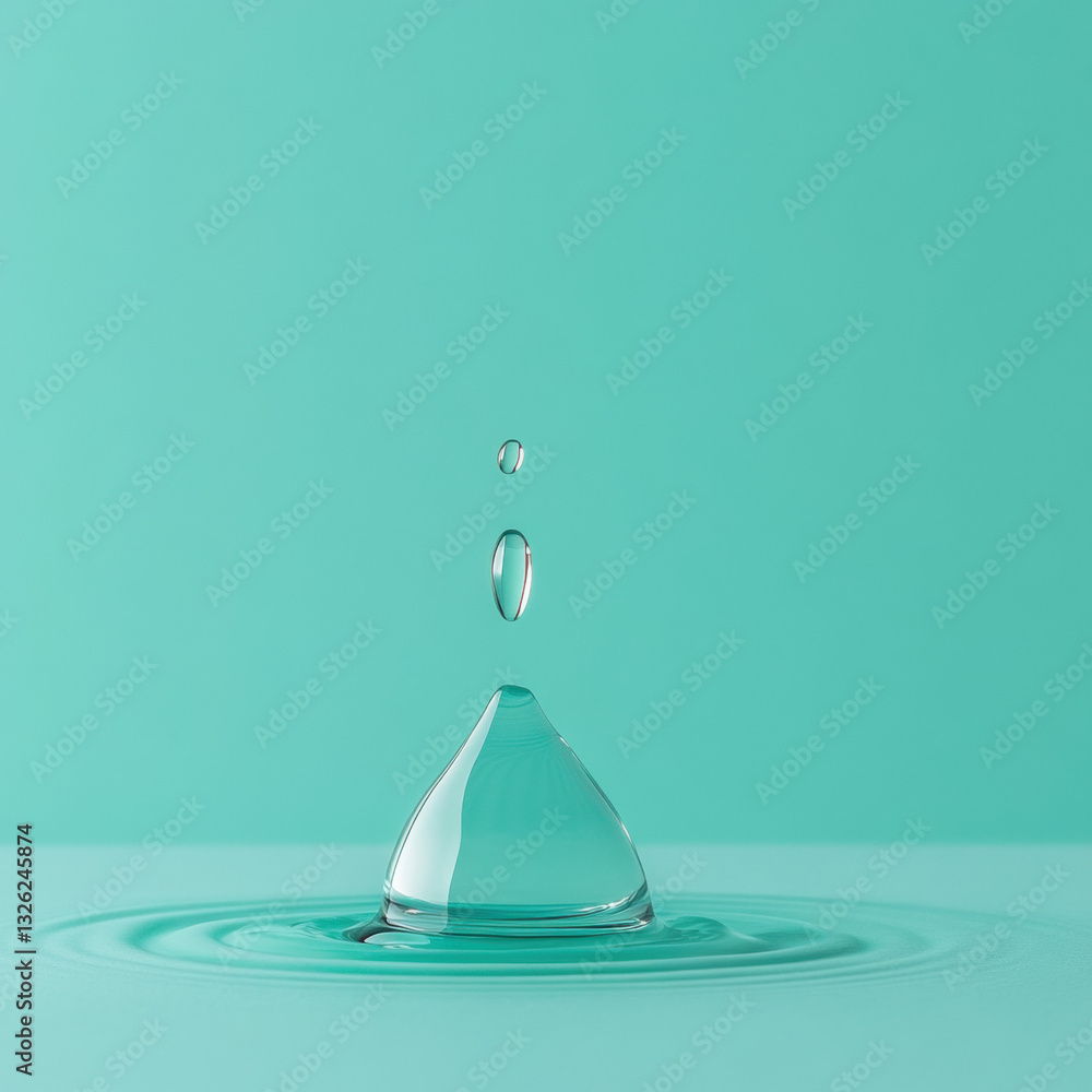 Poster a close-up of a water drop splashing with blue ripples, reflecting the purity of nature, featuring c