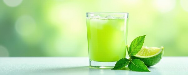 Refreshing honeydew juice in elegant glass; green watercolor wash , plant, color, summer