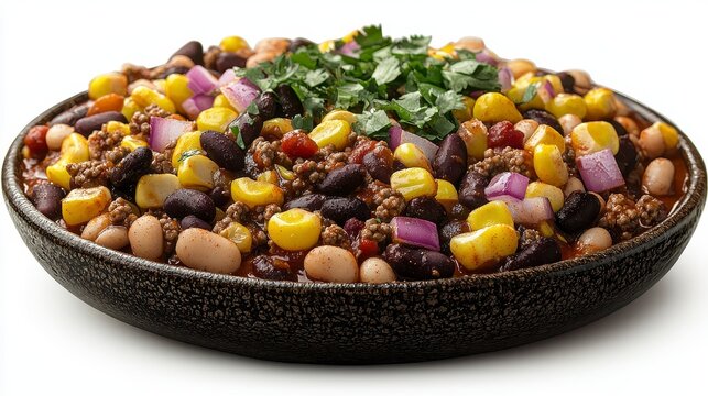 Delicious bowl of homemade chili served at a community cook-off with vibrant ingredients isolated on white background - Powered by Adobe