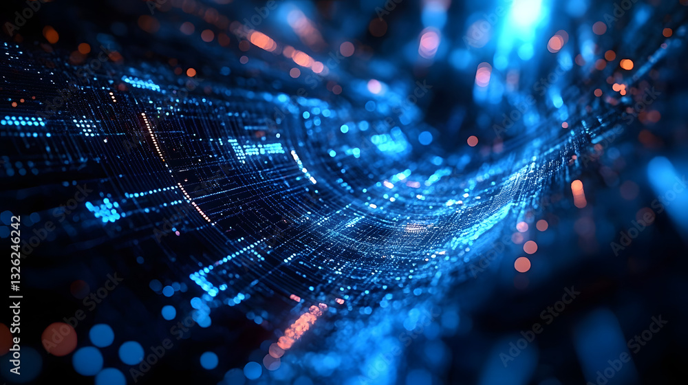 Poster futuristic data visualization concept with dynamic blue light patterns : generative ai