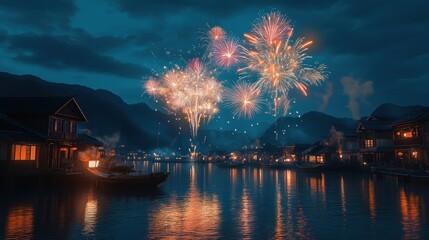 Fototapeta premium Vibrant Fireworks Display Over a Serene Waterfront Village at Night