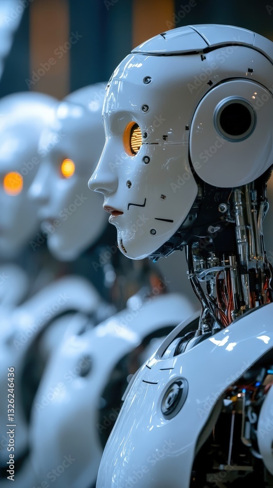 Poster robot surrounded by numerous smaller white robots in a futuristic and technologically advanced setti