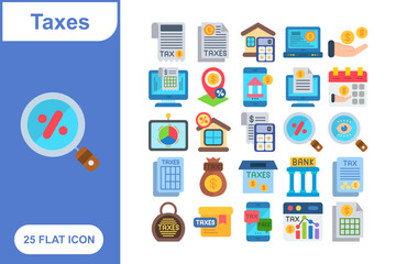 Taxes Flat Icon Set, Collection of 25 Taxes Flat Icon Set – 25 Finance, Accounting, and Payment Icons