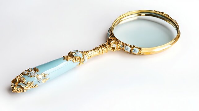 expensive peach-golden magnifying glass with teal blue thin handle, against clear white background, side angle. luxurious vibe