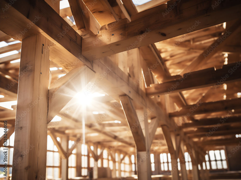 Poster skilled carpenters joining wooden beams to create ceiling structure with sunlight filtering through