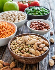 Balanced Vegan Diet for Lowering Cholesterol Featuring Nuts, Proteins, Plant Sterols, Fiber, Beans, Legumes, Vegetables, and Fruits