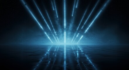 Abstract Blue Light Beams Reflecting On Dark Water Under Starry Night