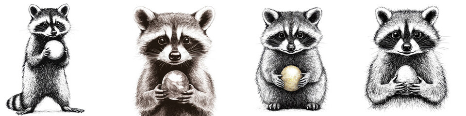 Obraz premium A whimsical collection showcasing the inquisitive nature and endearing antics of curious raccoons as they explore the wild uncover natural treasures and savor the delights of their forest home