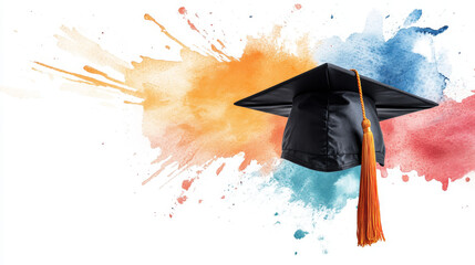 A graduation cap is prominently displayed against a vibrant splash of colors, representing milestones in education and the excitement of achievement. The cap features a bright tassel