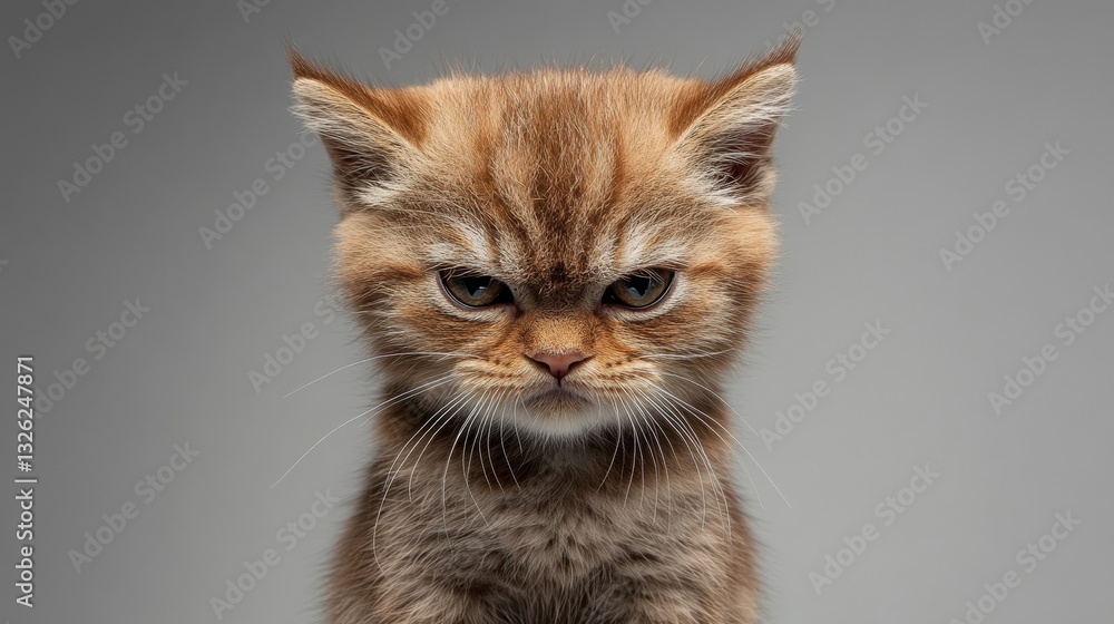 Poster portrait of a grumpy ginger kitten intense stare and feline discontent on a soft gray background