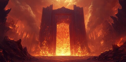 A massive arched gateway surrounded by fire and dark volcanic landscapes