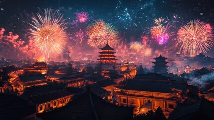 Night cityscape with fireworks over ancient architecture