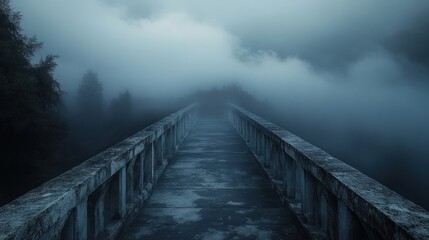 Fototapeta premium Foggy Bridge Leading into the Unknown Mysterious Pathway in a Misty Forest