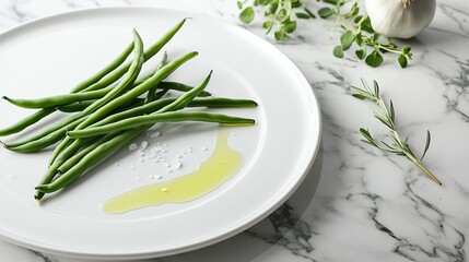 Organic Green Beans Served on a White Plate with Olive Oil Drizzle and Sea Salt, Highlighted by Soft Natural Light.