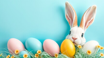 Obraz premium Easter party concept. easter bunny ears white pink blue and yellow eggs on isolated pastel blue background with copyspace in the middle