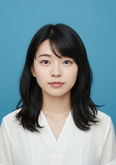 日本人女性のポートレート、証明写真、上三分身、青背景