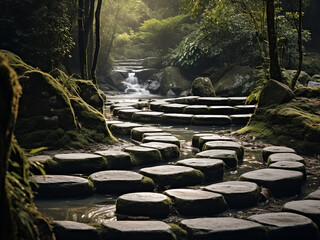 Zen path winding through nature, practicing mindfulness and seeking deep truth with presence