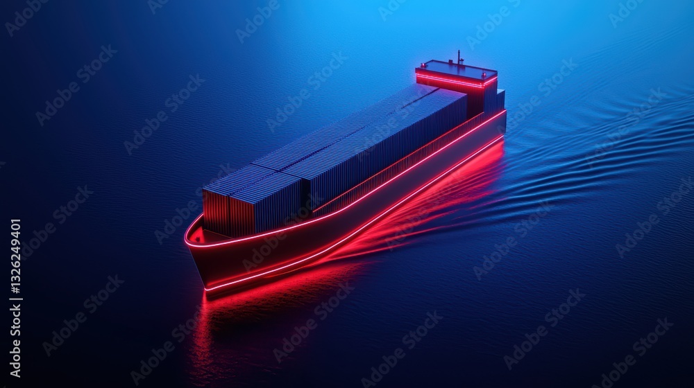 Poster futuristic ai driven transport concept with illuminated container ship on calm water surface