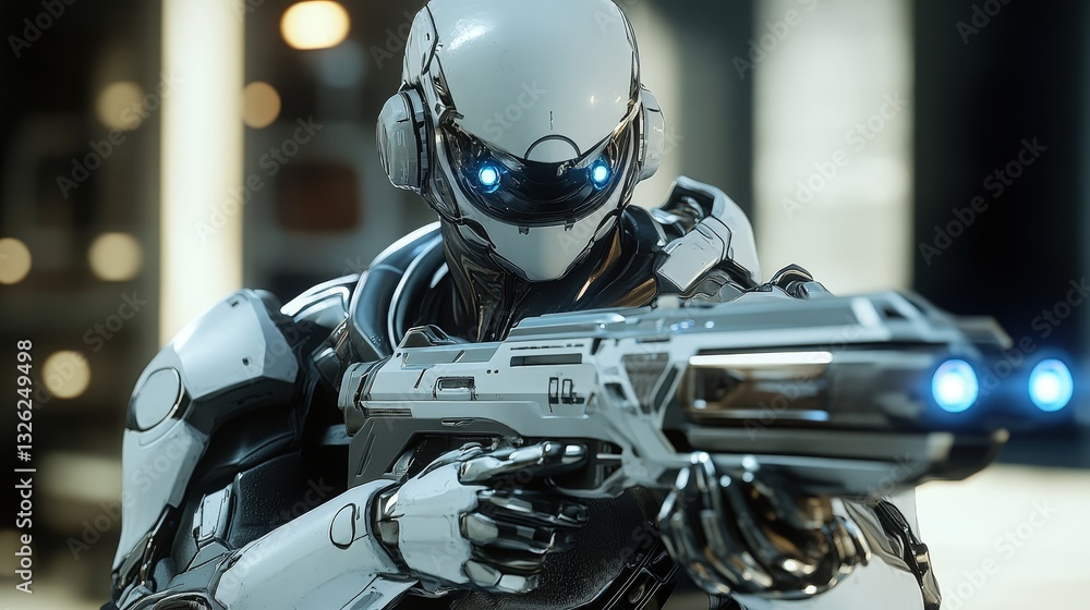 Poster advanced robot holding a gun in a futuristic environment showcasing innovative design and functional
