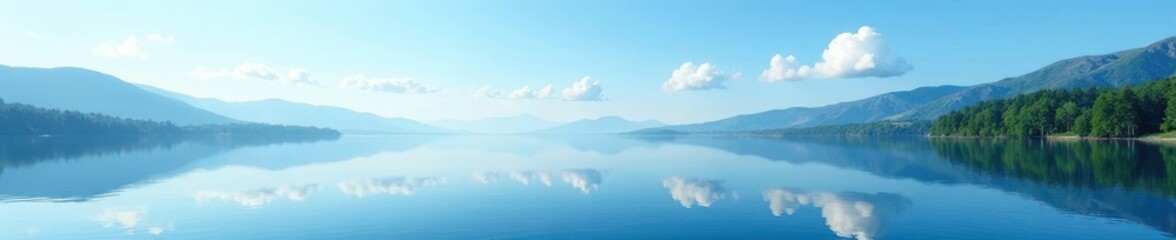 Obraz premium Serene blue lake, tranquil surface reflecting sky, horizon, landscape