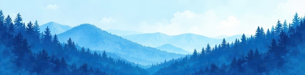 Serene blue watercolor landscape Hilly forest, blue sky, tranquil scene , painting, color