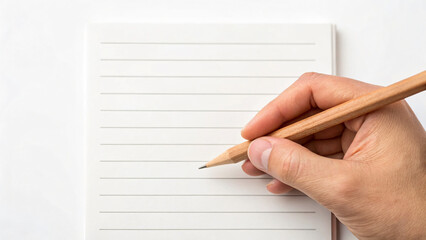 Hand Writing on Blank Notepad with Pencil Against White Background