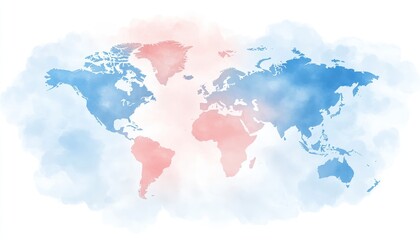 Watercolor world map in shades of blue and red depicting global concepts floating amidst white clouds. Illustrated with a pixelated appearance. Isolated on white background