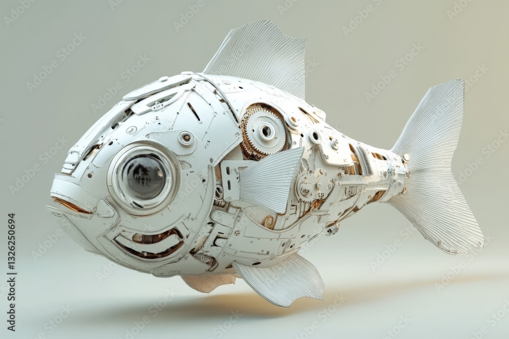 Poster Mechanical fish design showcasing intricate details and innovative engineering in a minimalist setting