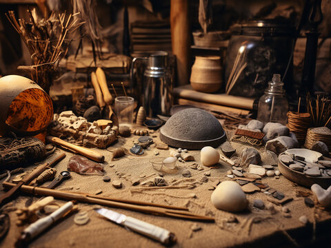 Archaeology workspace organizing artifacts with brushes and tools uncovering historical insights