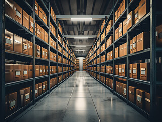 Fototapeta premium Archive room with extensive shelving units and clear filing system keeping records safe