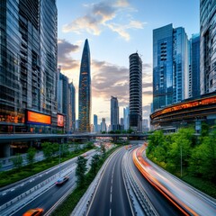 Fototapeta premium Modern Cityscape at Sunset with Skyscrapers and Busy Traffic Flow