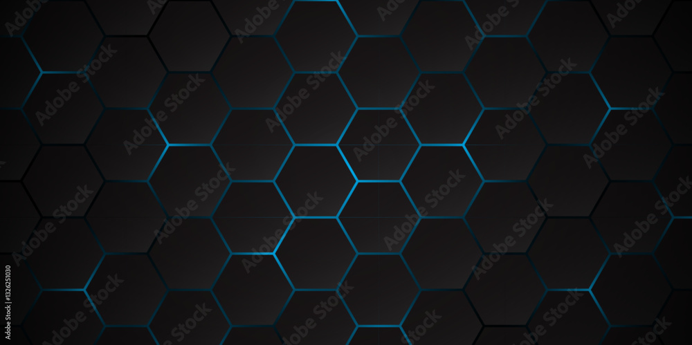 Poster dark geometric hexagon surface with depth effect. sleek hexagonal background for tech and gaming. he