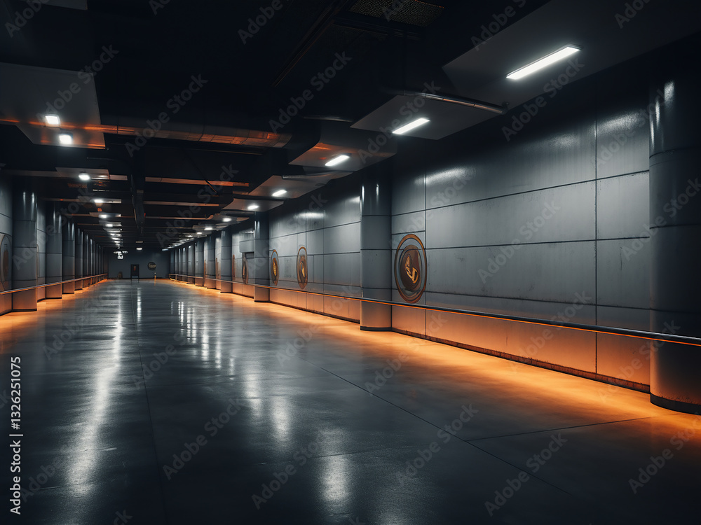 Poster arena corridors with service paths connecting utility spaces and emergency lights in use
