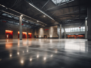 Arena concourse with flowing concrete floors stretching past vendor stands under overhead lights