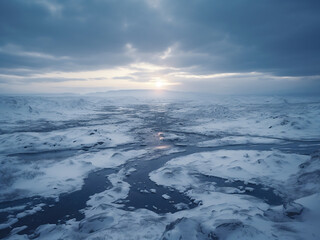 Arctic tundra with vast snow fields stretching and white lights dancing over the wilderness