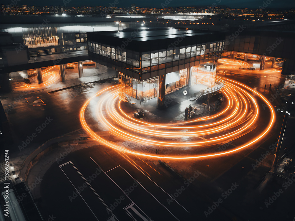 Poster arena paths flowing with service areas connecting utility spaces and emergency lights working