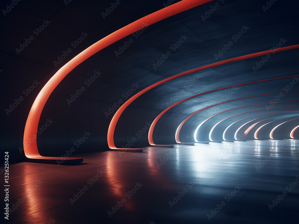 Poster arena tunnels curving with concrete walls extending and service paths connecting, glowing lights